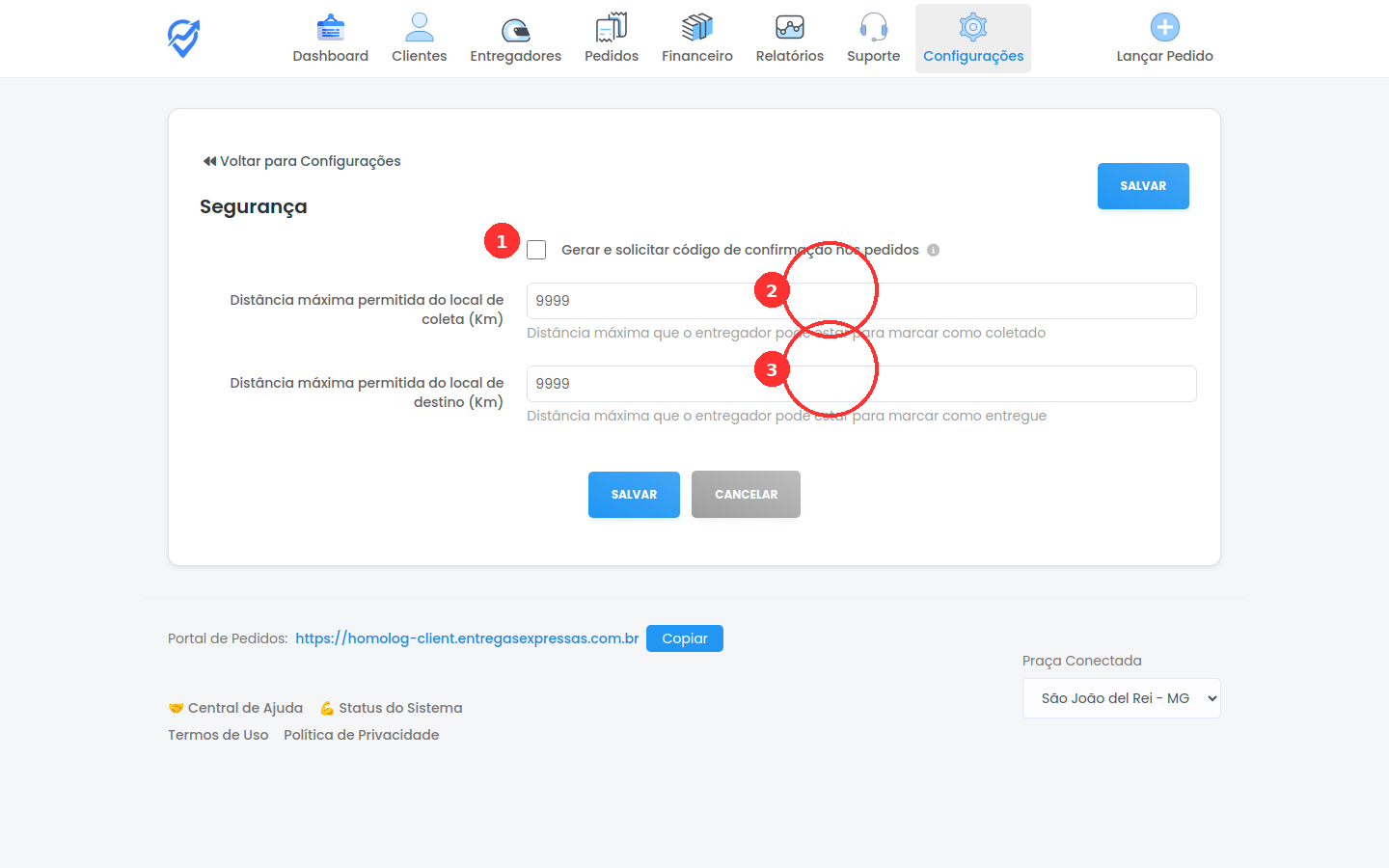 Tela de configurações de segurança na entrega