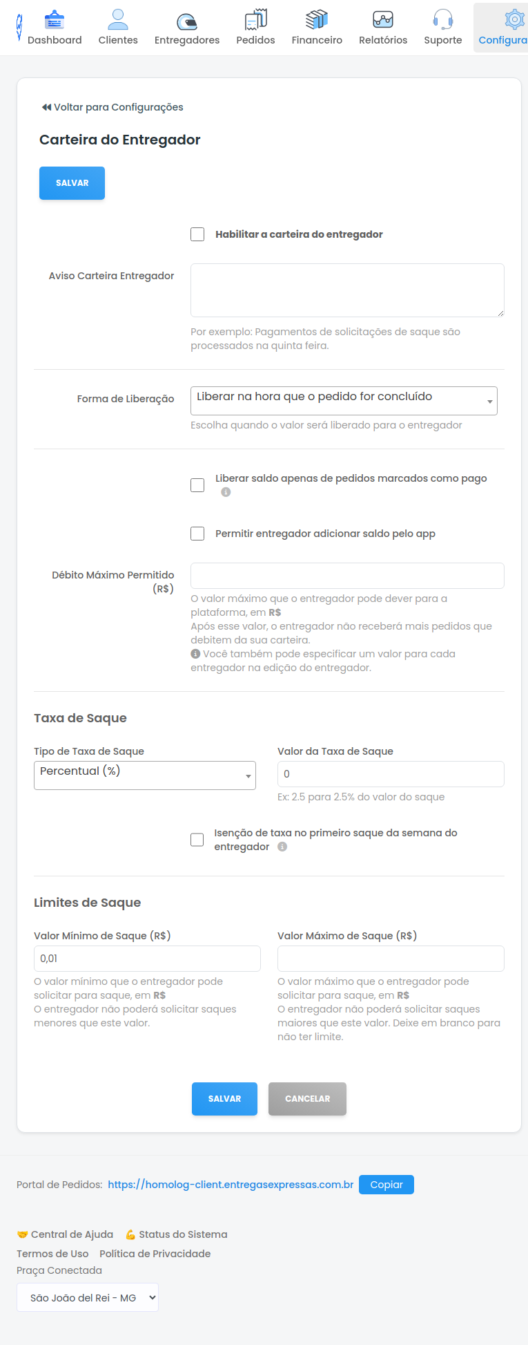 Tela de configuração da Carteira do Entregador