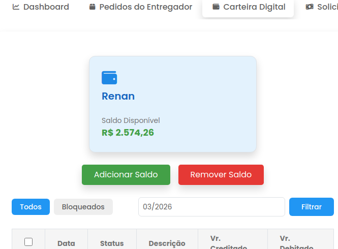 Tela da Carteira Digital do Entregador