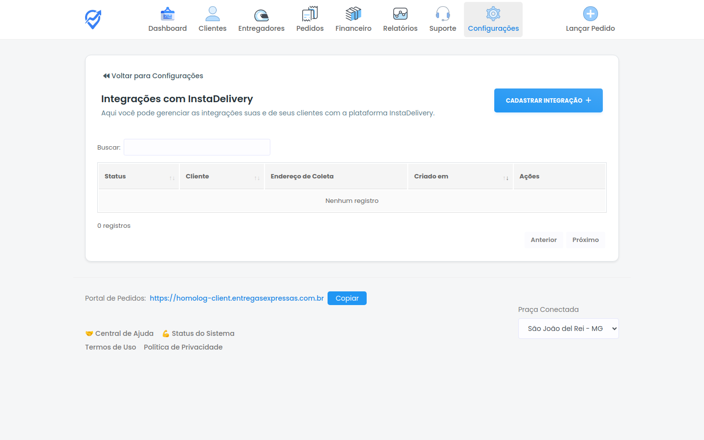 Tela de Integrações com InstaDelivery