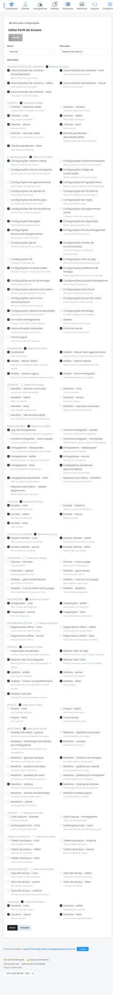 Tela de edição de perfil com permissões