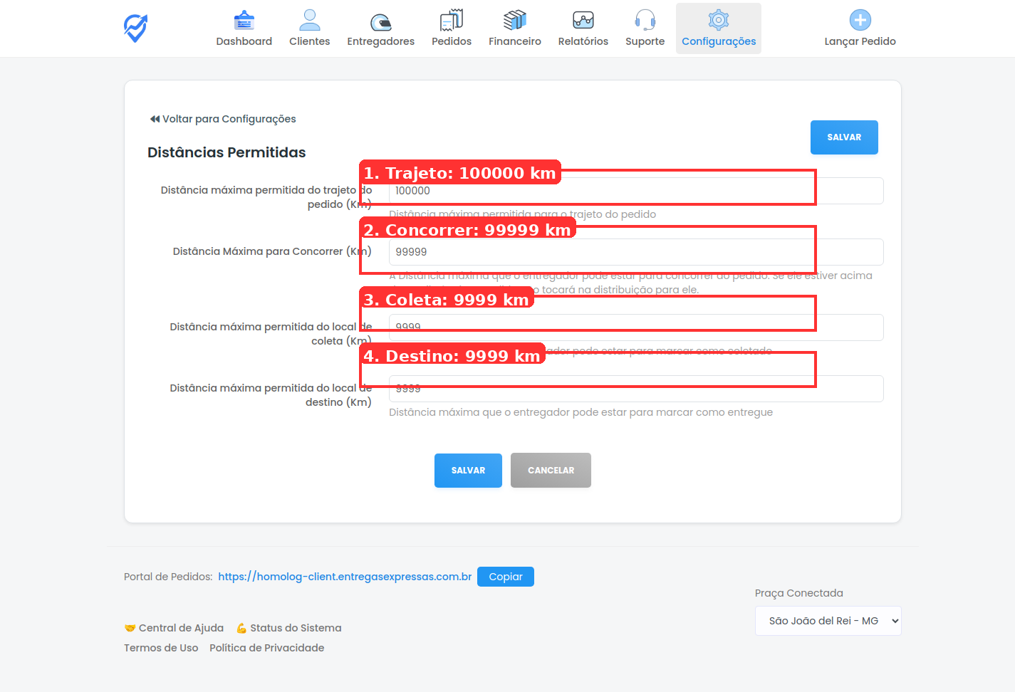 Painel de Configurações de Distâncias Permitidas