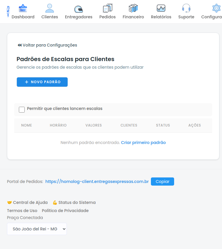 Tela de Padrões de Escalas para Clientes