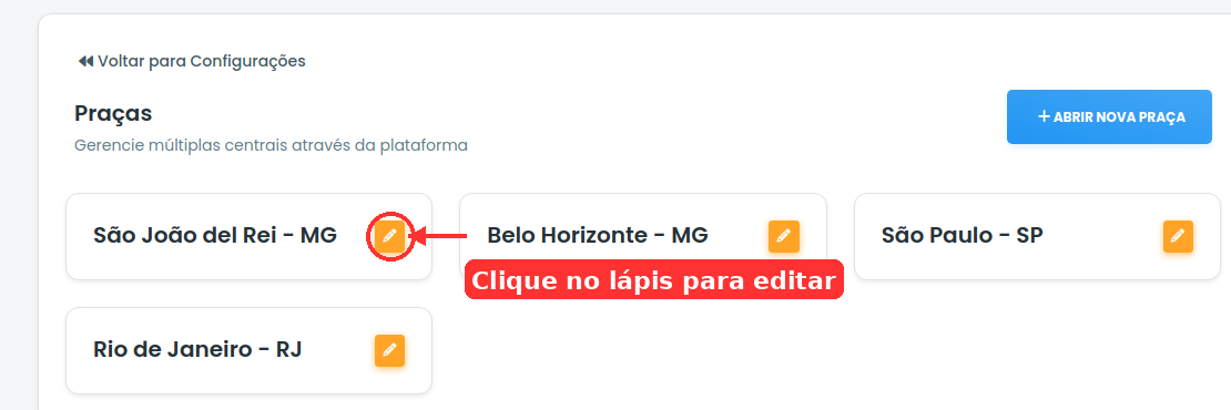 Lista de praças com seta indicando o ícone de editar