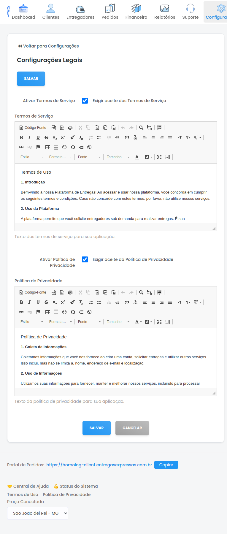 Tela de Configurações Legais