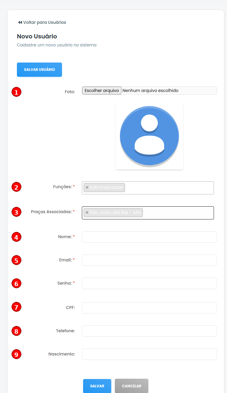 Formulário de criação de usuário administrador com campos numerados