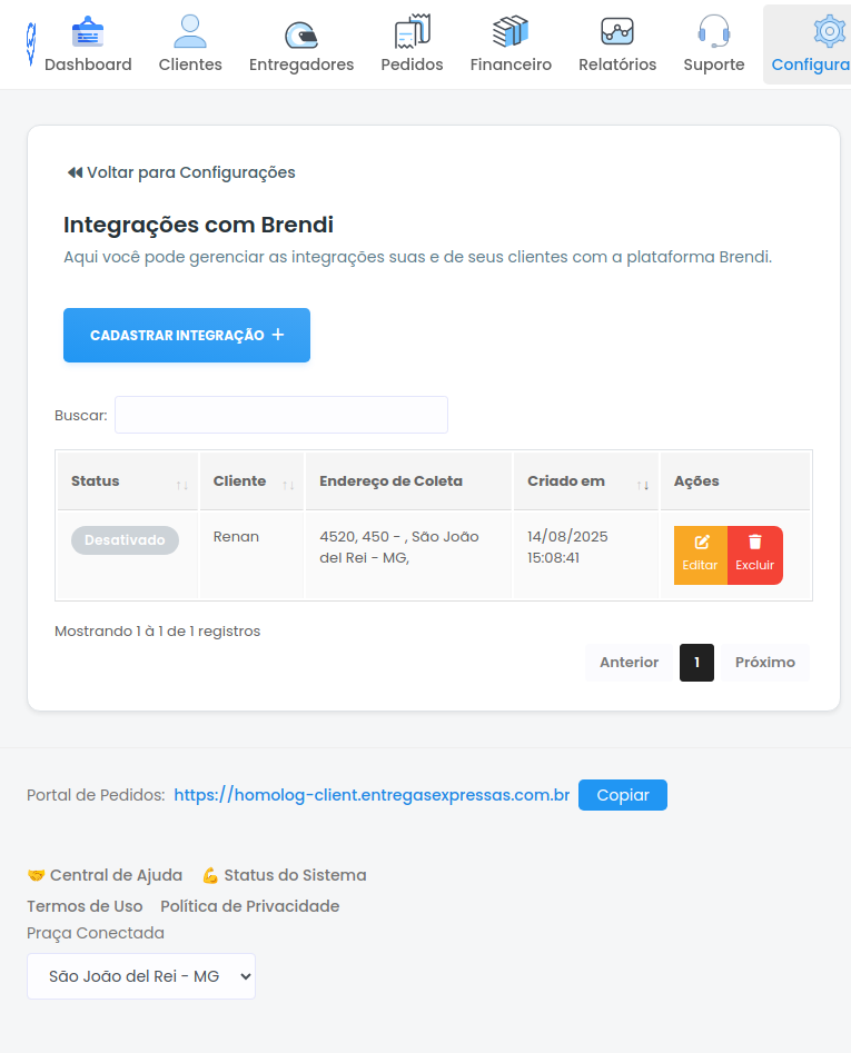 Tela de Integração com Brendi