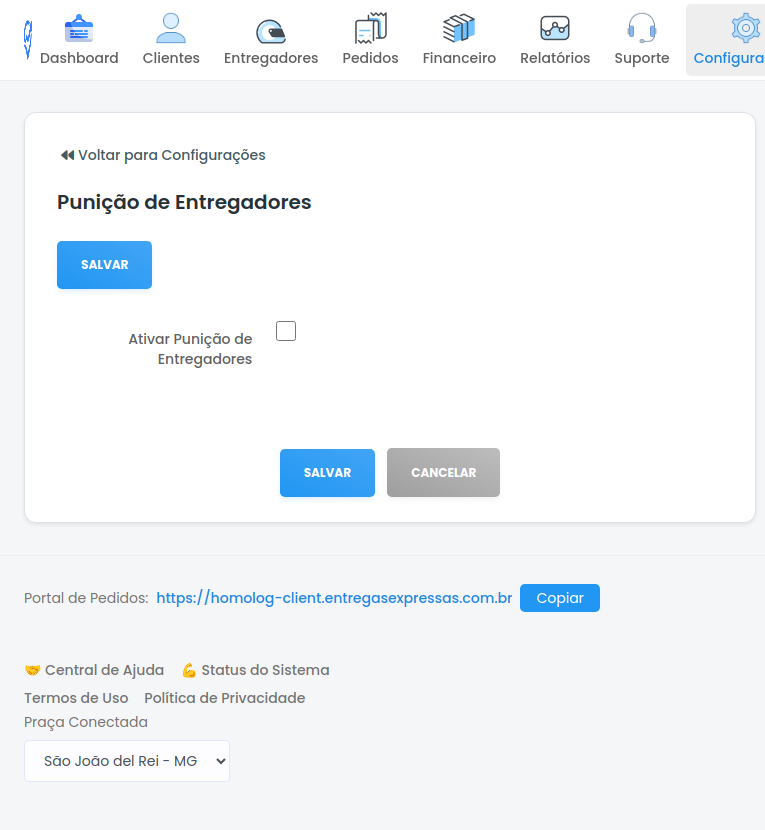 Tela de Configuração de Punição de Entregadores