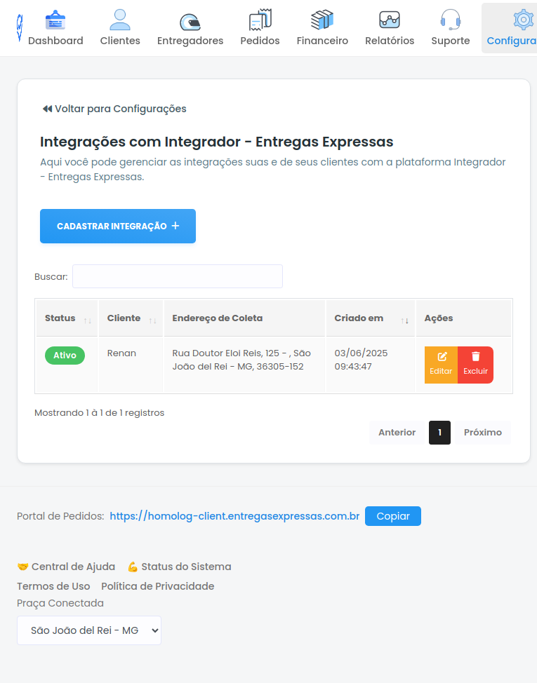 Lista de integrações com Integrador - Entregas Expressas
