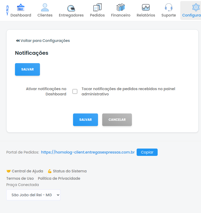 Tela de configuração de Notificações