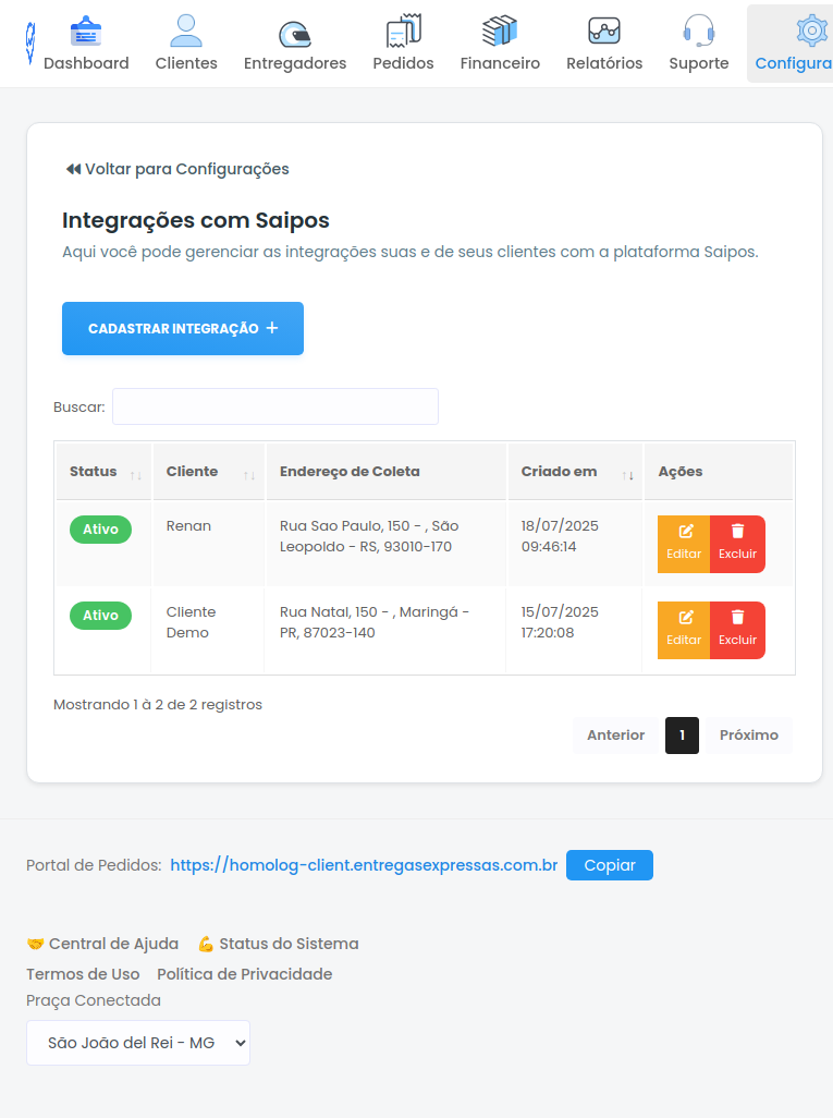 Tela de Integração com Saipos