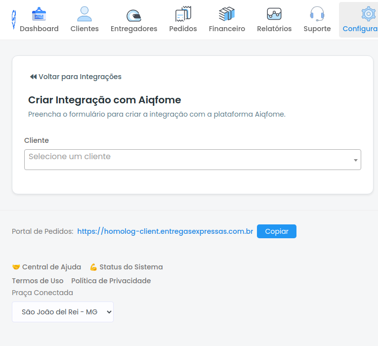 Formulário de criação de integração com Aiqfome