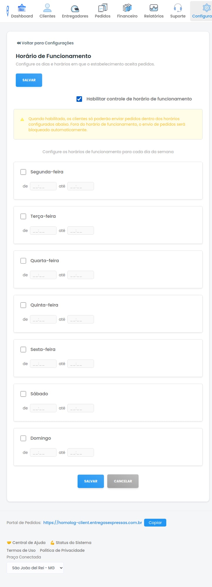 Tela de configuração do Horário de Funcionamento com todos os dias da semana