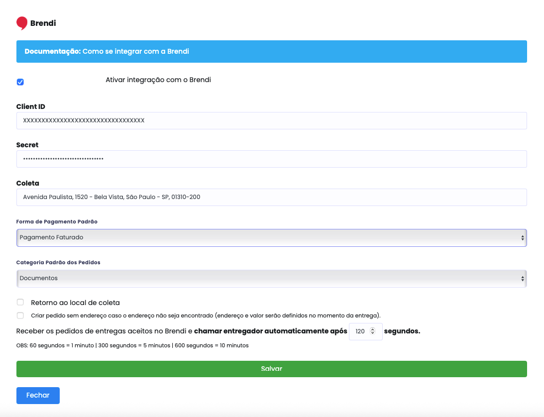Configuração Brendi na Plataforma