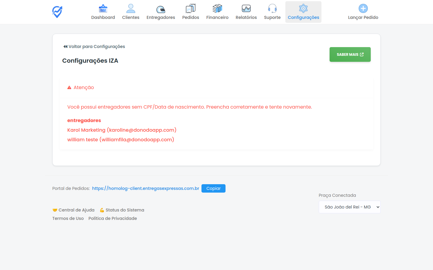 Tela de configurações IZA Seguradora