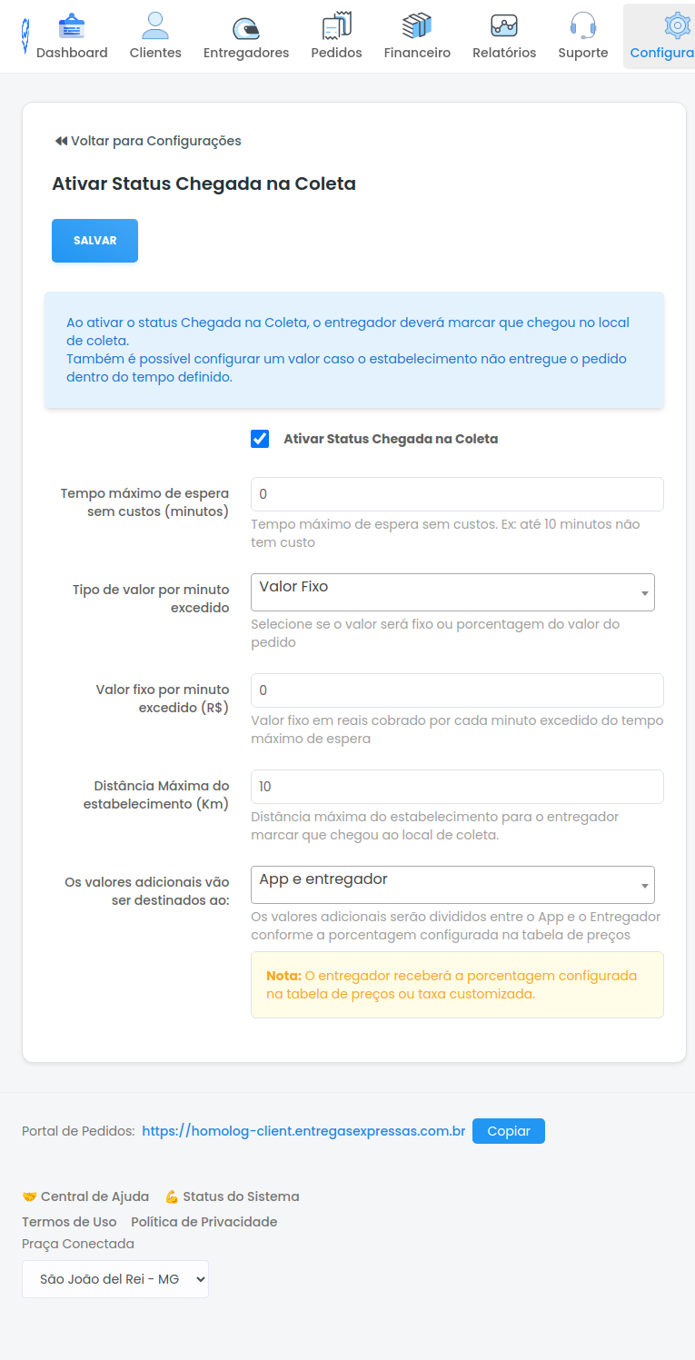 Tela de configuração do Status Local de Coleta