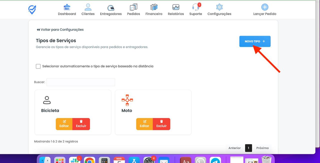 Tela de listagem de Tipos de Serviços com botão Novo Tipo