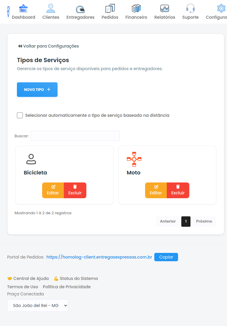 Tela de Tipos de Serviços
