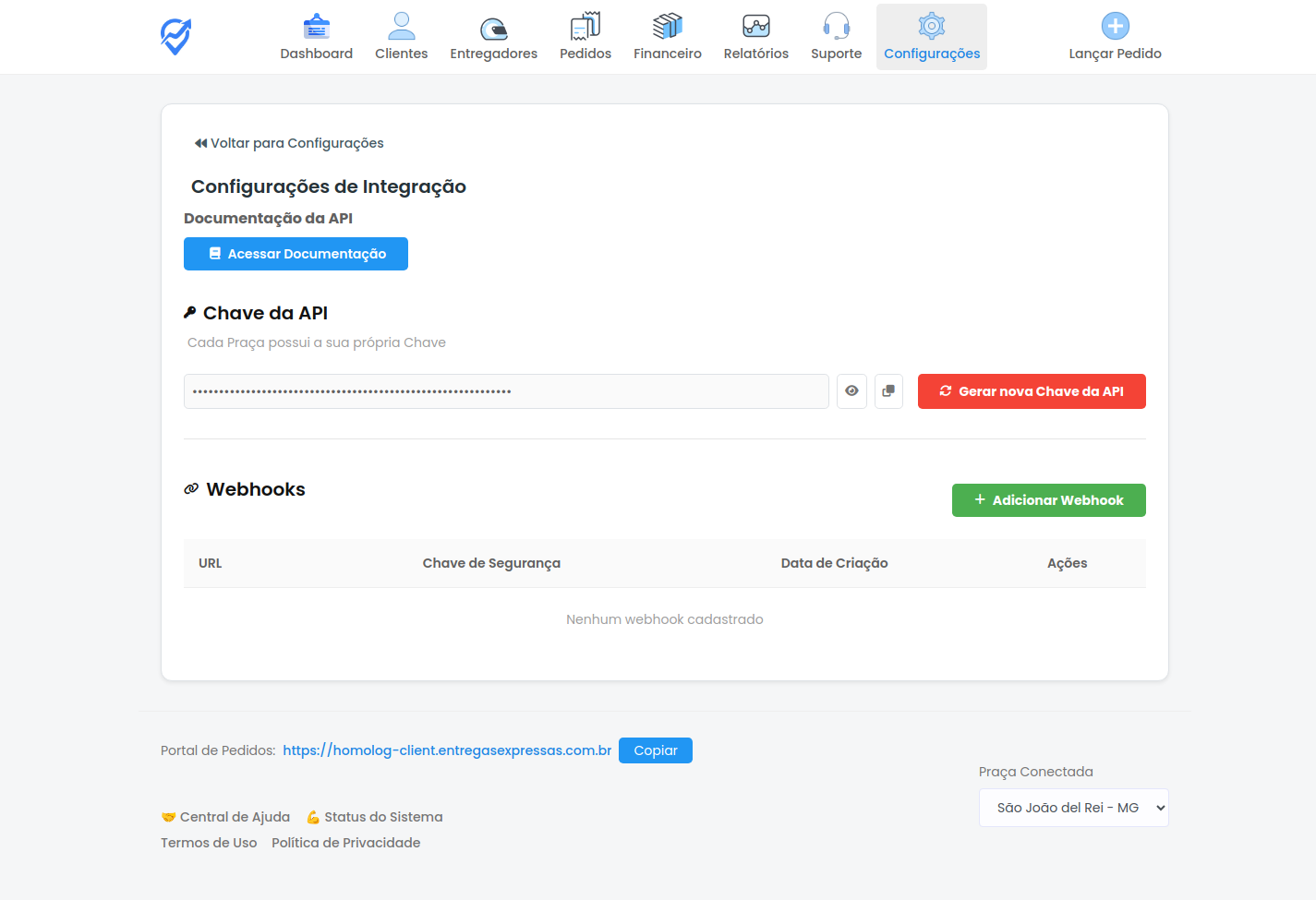 Tela de Configurações de Integração