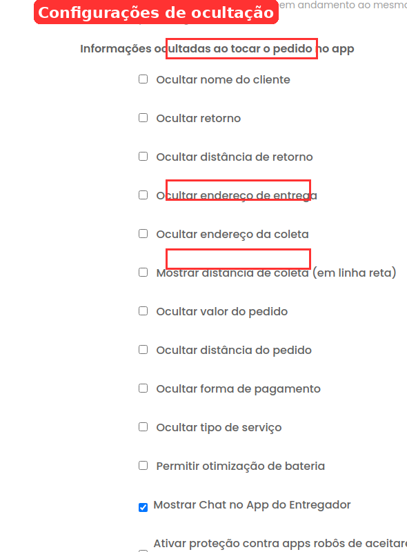 Configurações de Informações Ocultadas