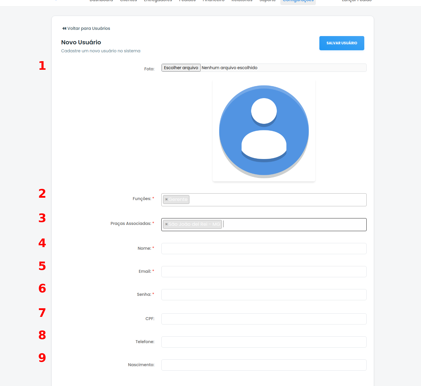Formulário de criação de usuário gerente com campos numerados