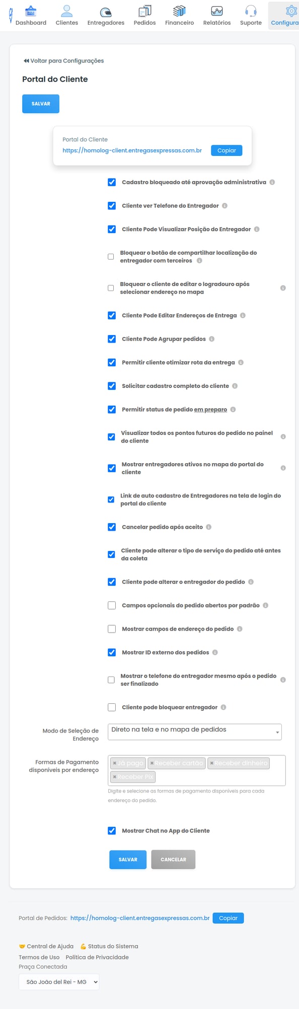 Configurações do Portal do Cliente