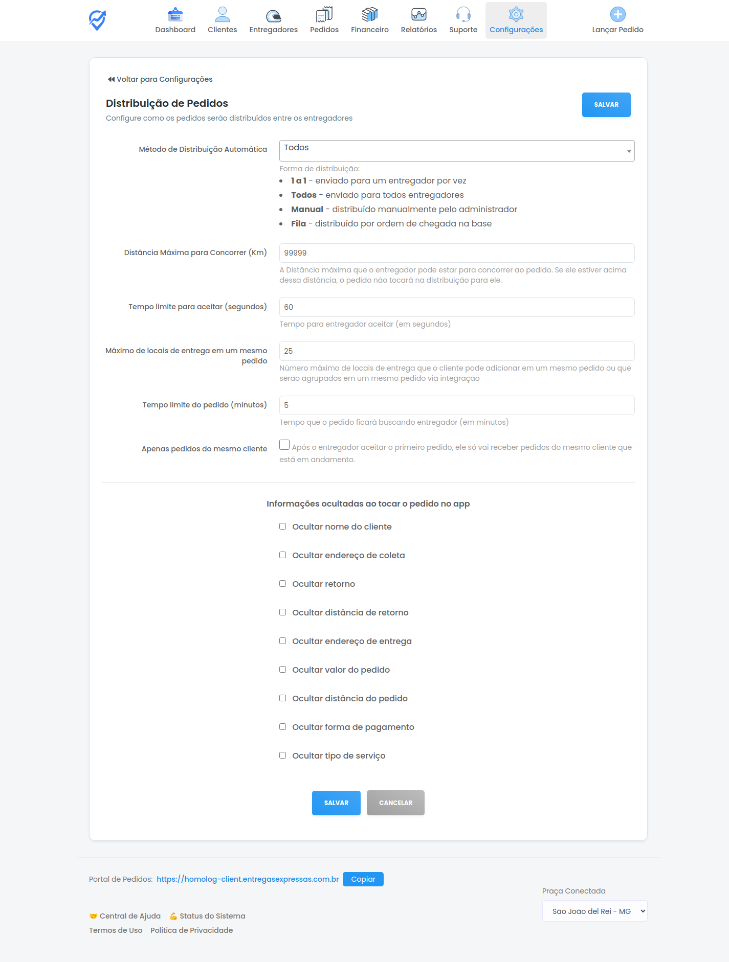 Tela de configuração de distribuição de pedidos