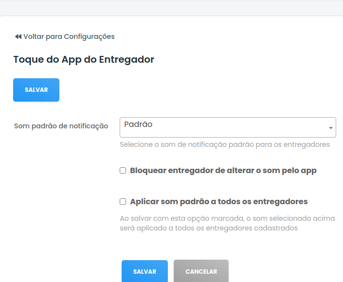 Tela de Configuração do Toque do App