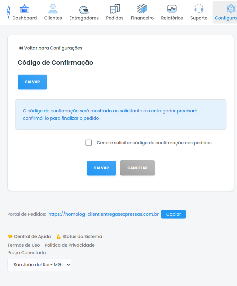 Tela de configuração do Código de Confirmação
