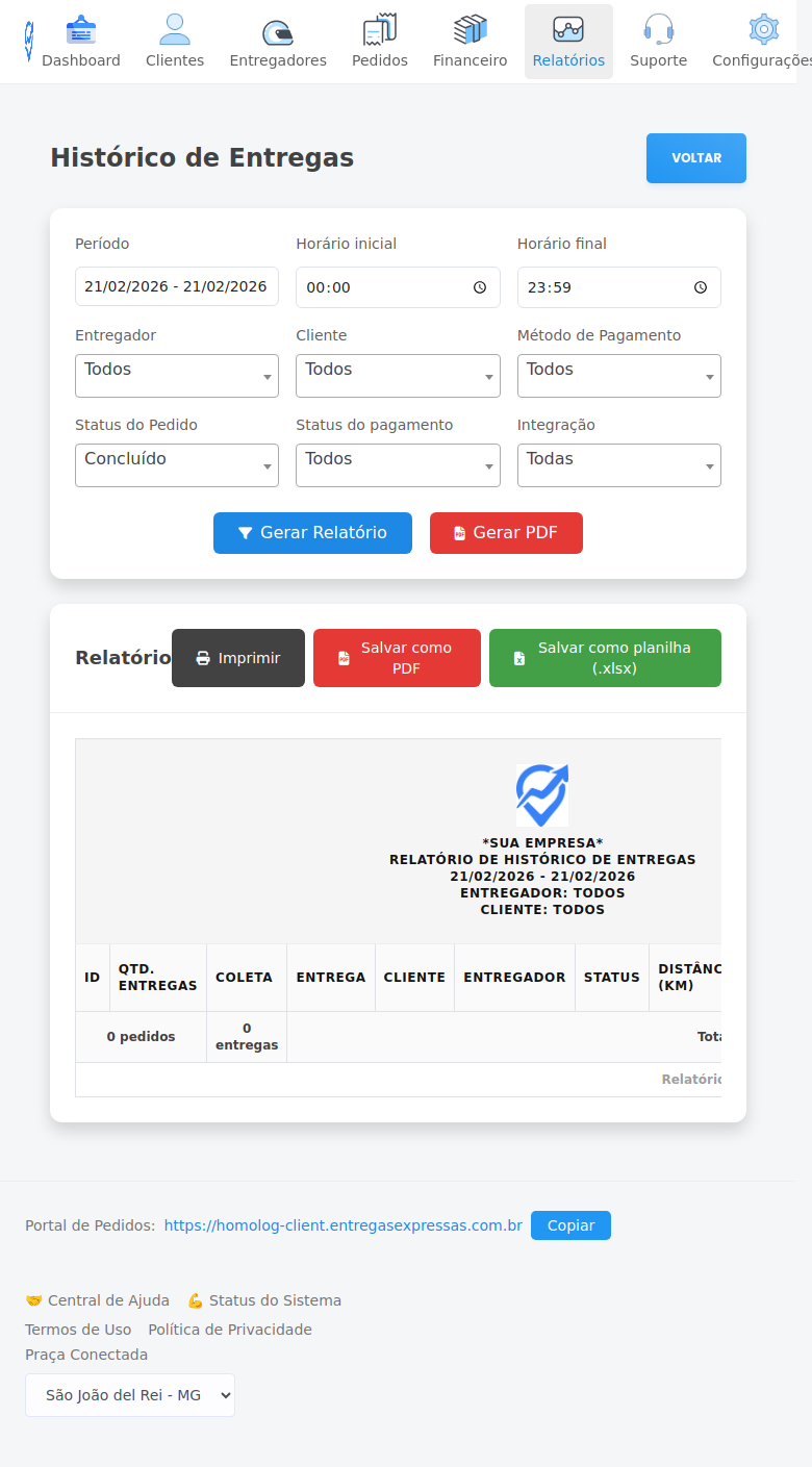 Tela do Relatório Histórico de Entregas