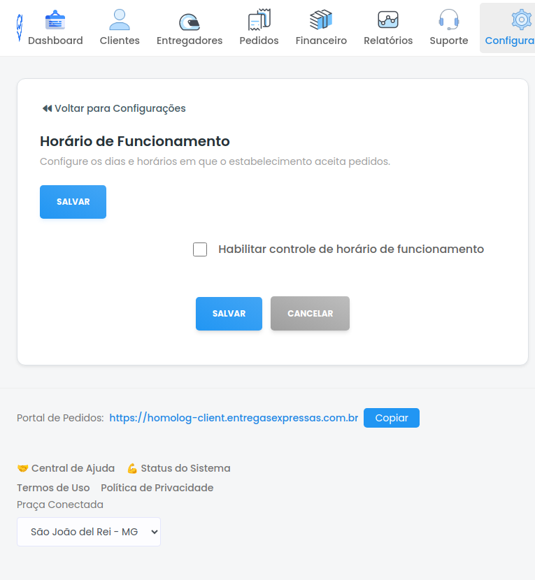 Tela de Horário de Funcionamento