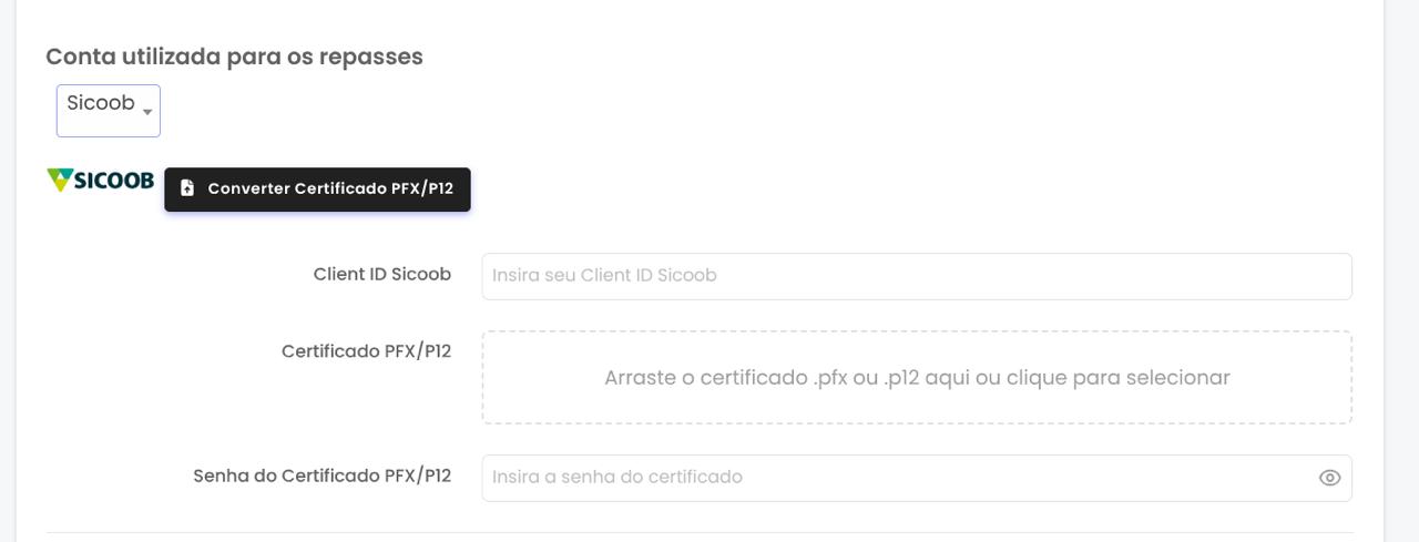 Tela de configuração Sicoob com conversor de certificado PFX/P12