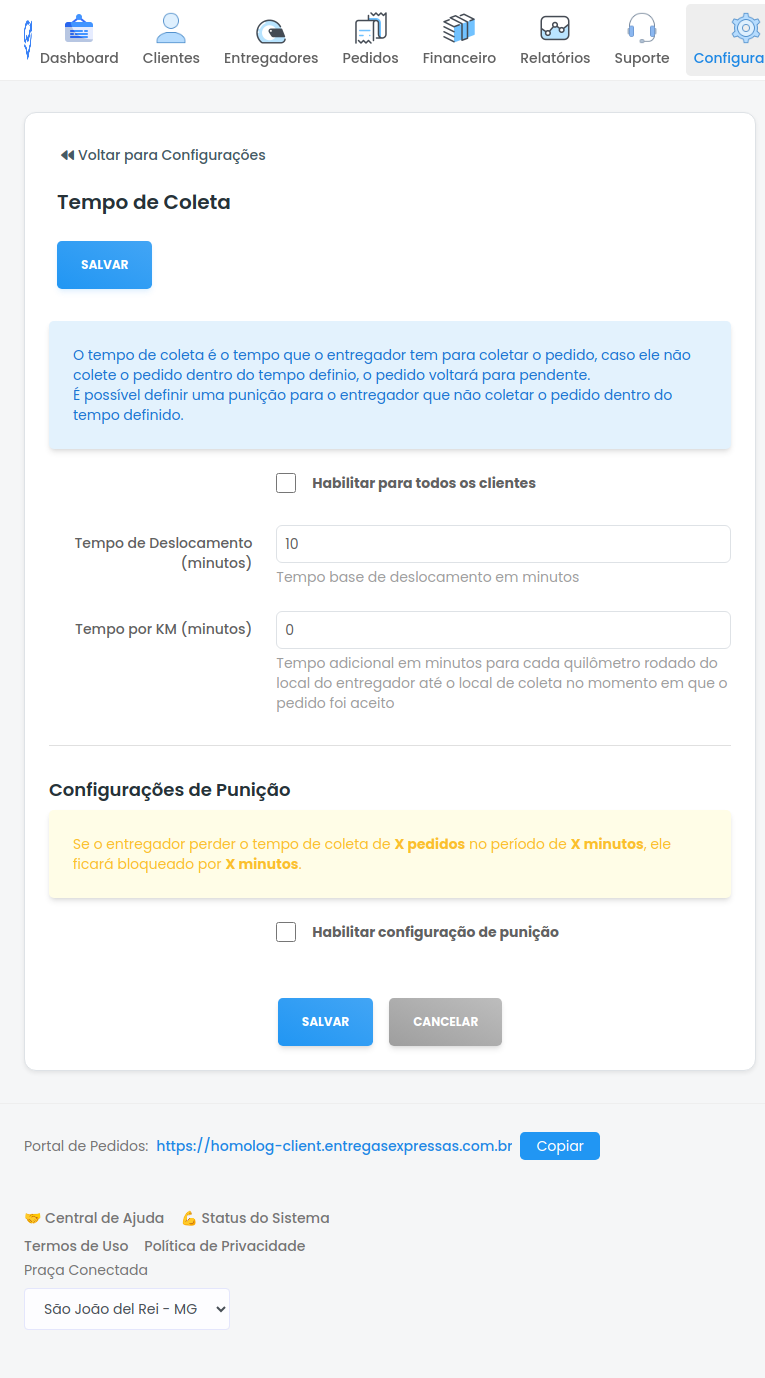 Tela de configuração do Tempo de Coleta