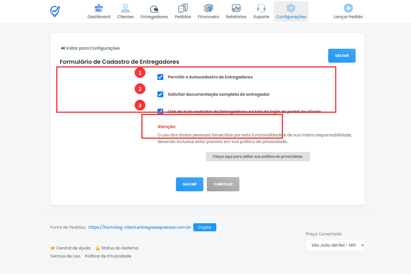 Tela de configuração do formulário de cadastro de entregadores