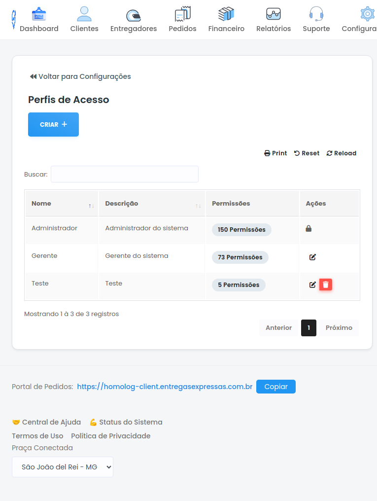 Tela de listagem de perfis