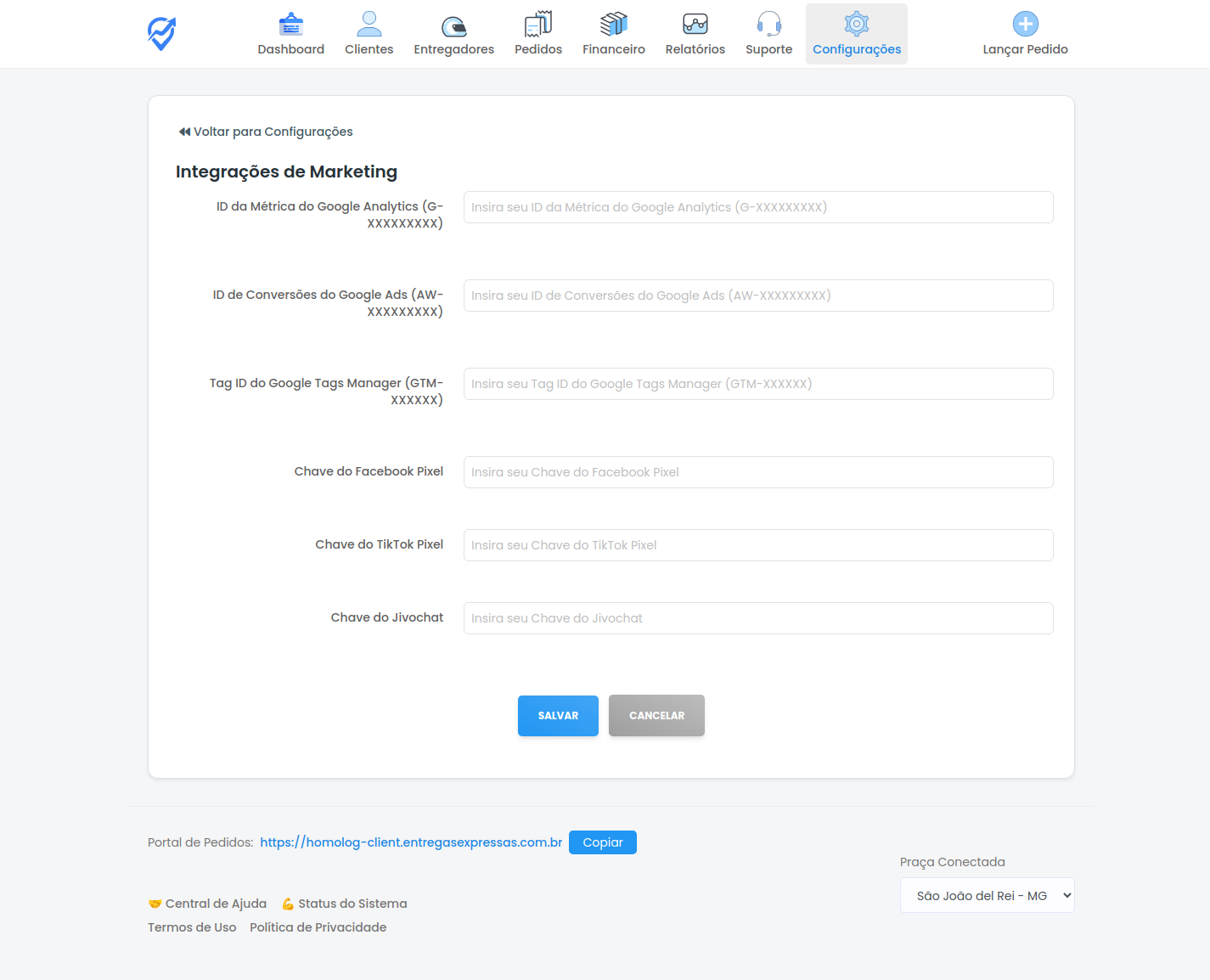 Página de Integrações de Marketing