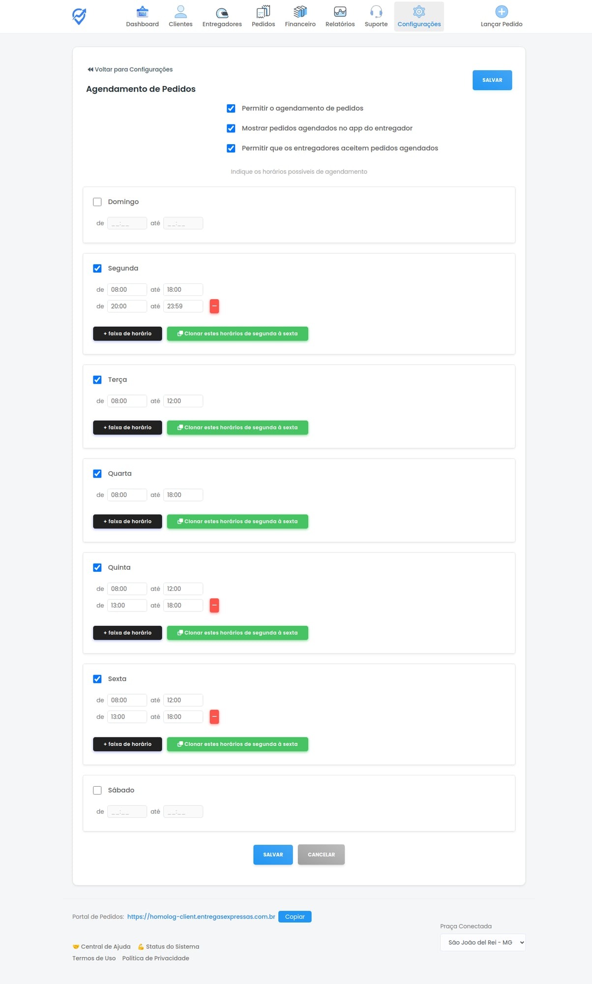 Tela de configuração de Agendamento de Pedidos