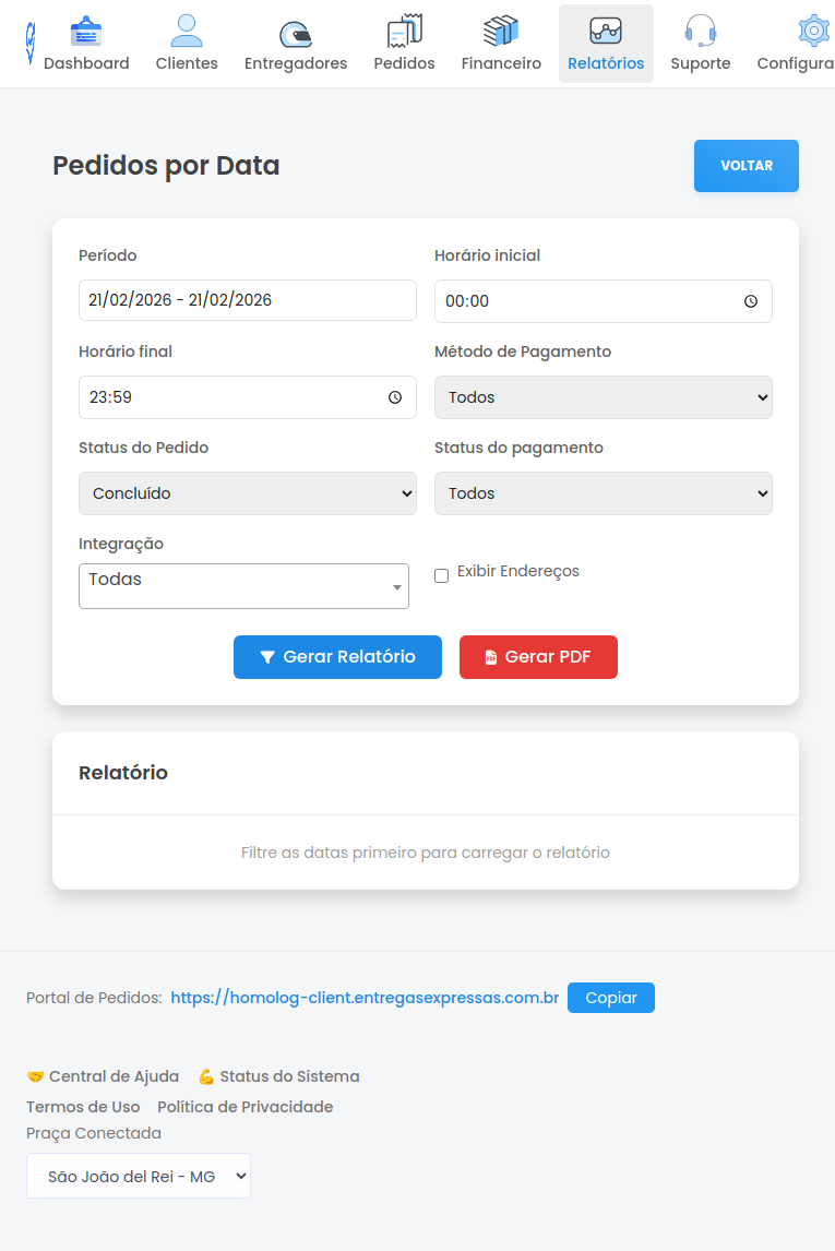 Tela Relatório Pedidos por Data