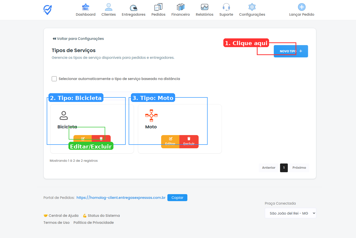 Tela de Tipos de Veículos mostrando onde clicar para criar novo tipo