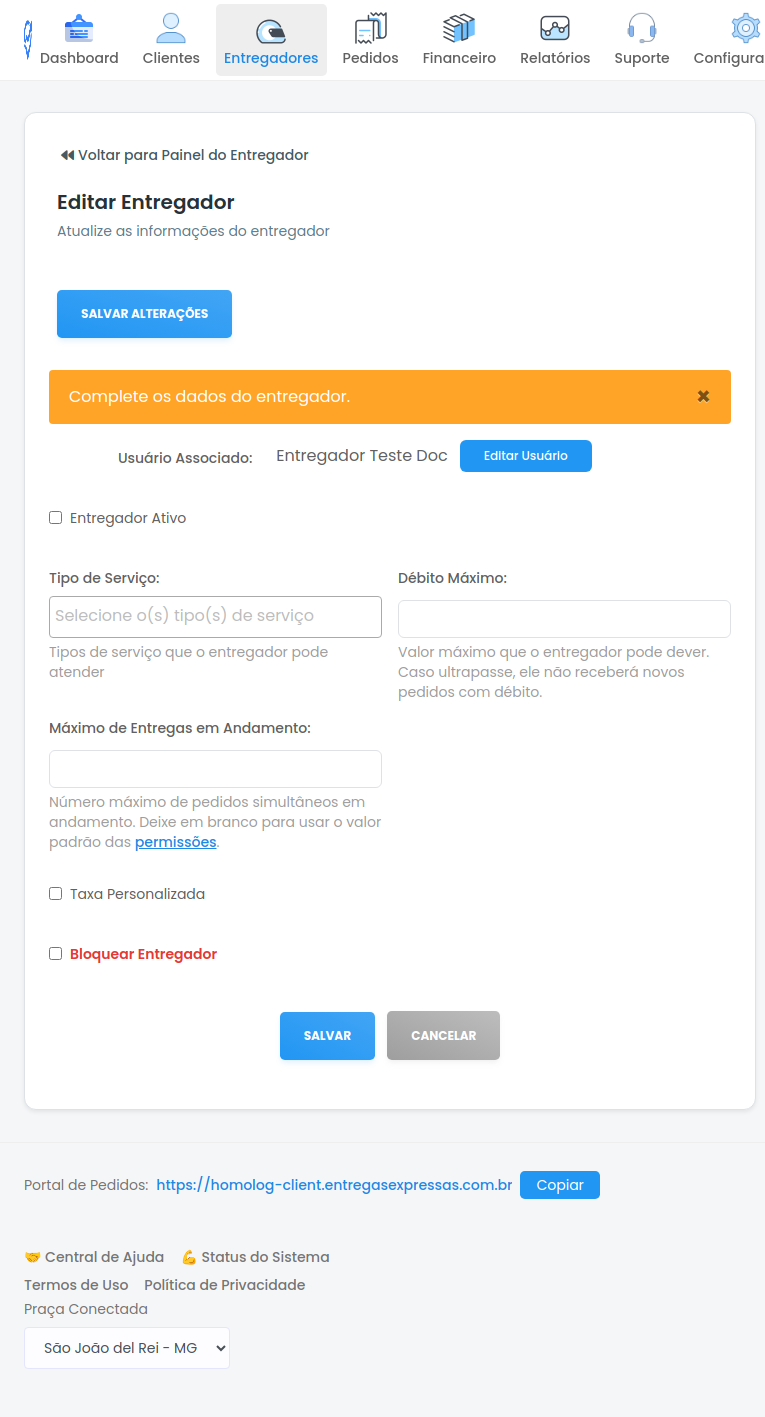 Tela Editar Entregador com campos de Tipo de Serviço e configurações