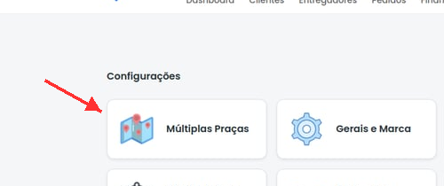 Tela de Configurações com seta apontando para Múltiplas Praças