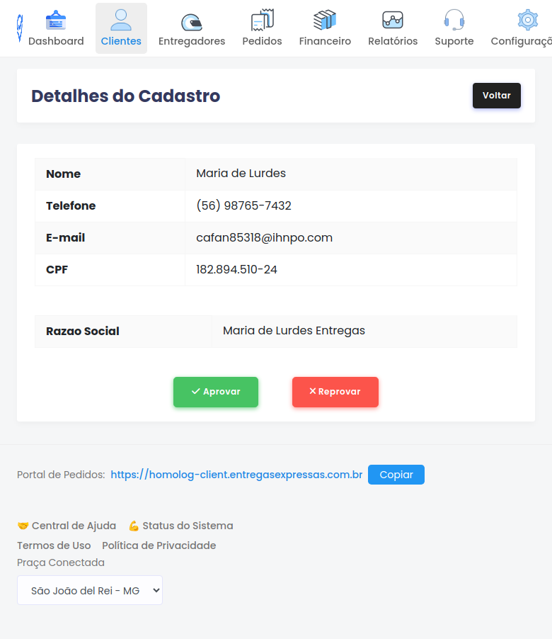 Tela de detalhes do cliente pendente