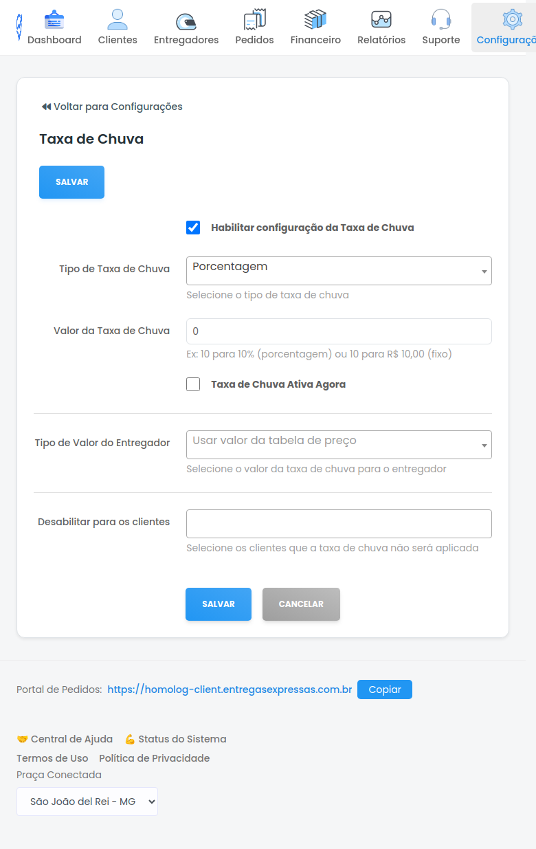 Tela de configuração da Taxa de Chuva