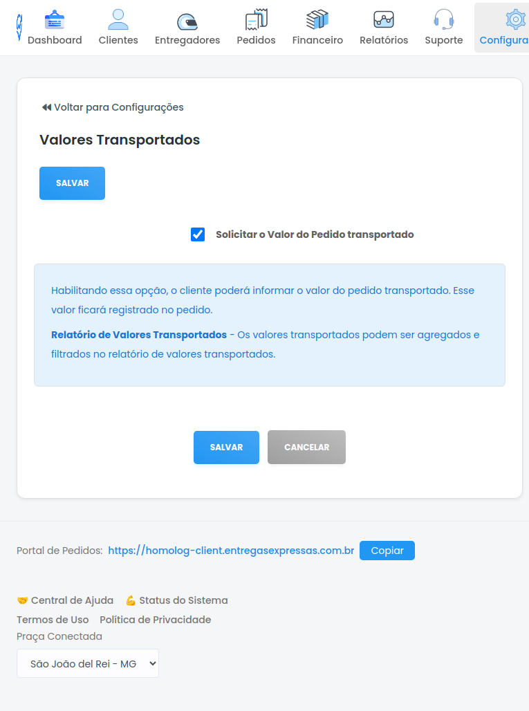 Tela de configuração de Valores Transportados