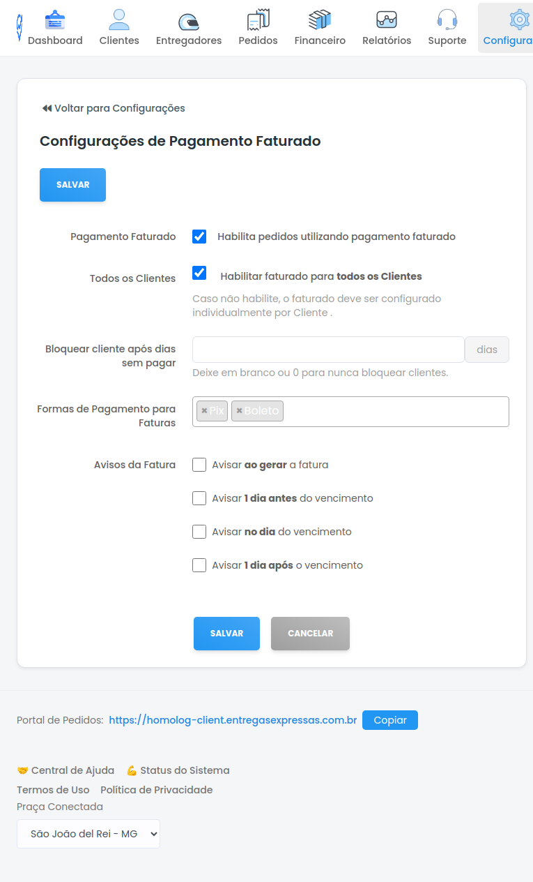 Tela de Configurações de Pagamento Faturado
