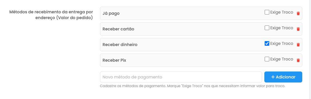 Seção de métodos de recebimento da entrega com opções de pagamento