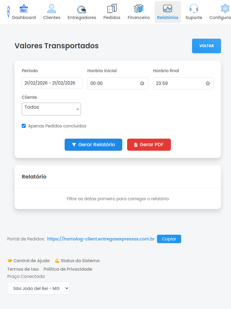 Tela do Relatório Valores Transportados