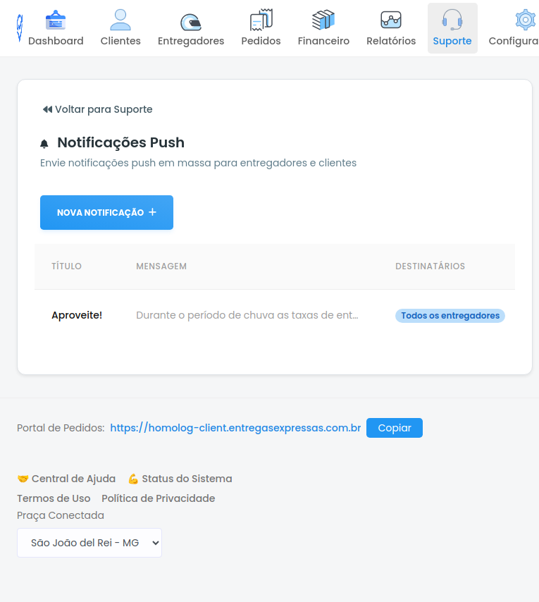 Tela principal de Notificações Push