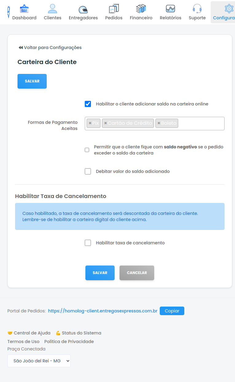 Configurações da Carteira Digital