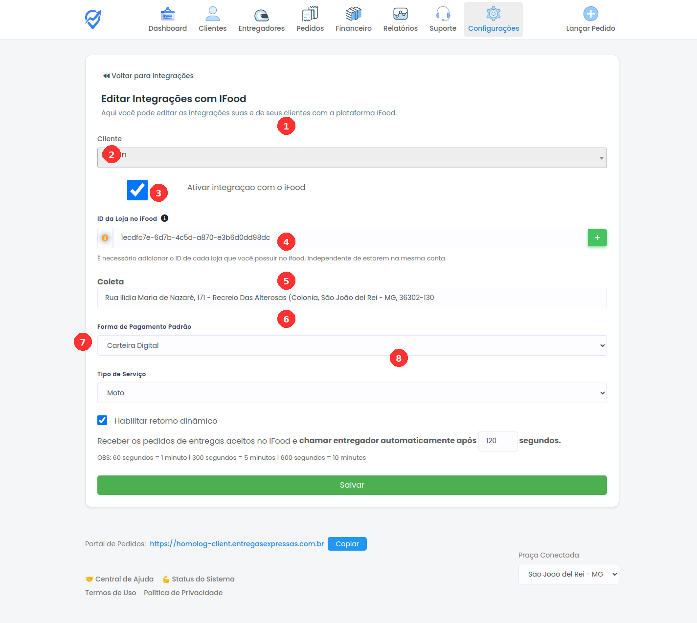 Formulário de configuração da integração com iFood